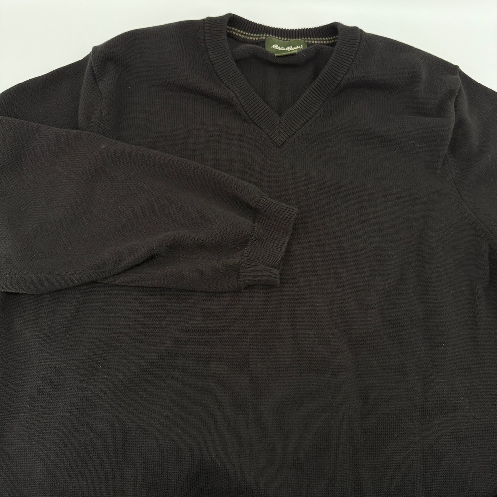 Eddie Bauer V Neck Sweater Mens Size L Black Cotton Blend Long‎ Sleeve